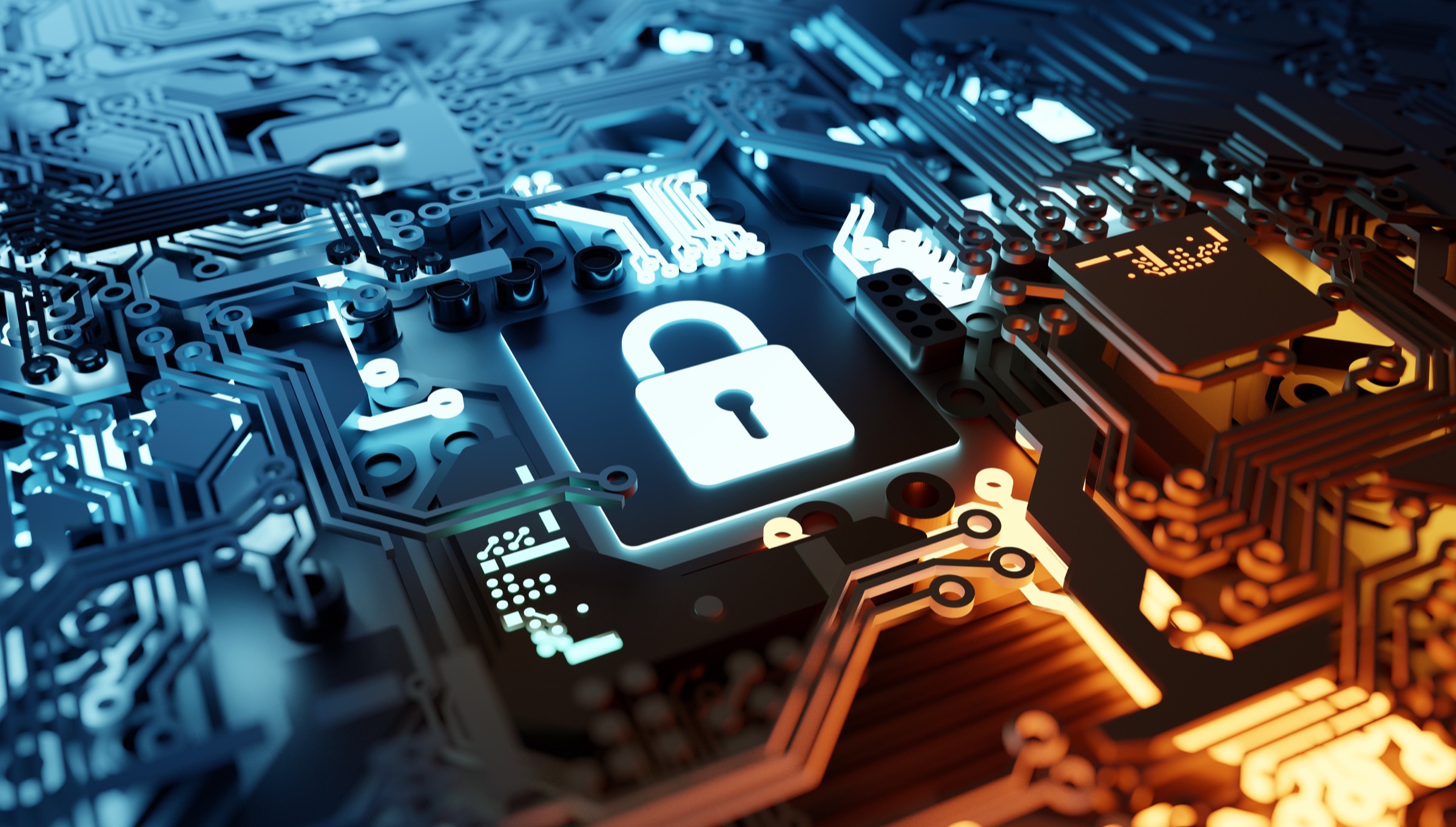 Image de synthèse : un cadenas lumineux posé sur un circuit imprimé.